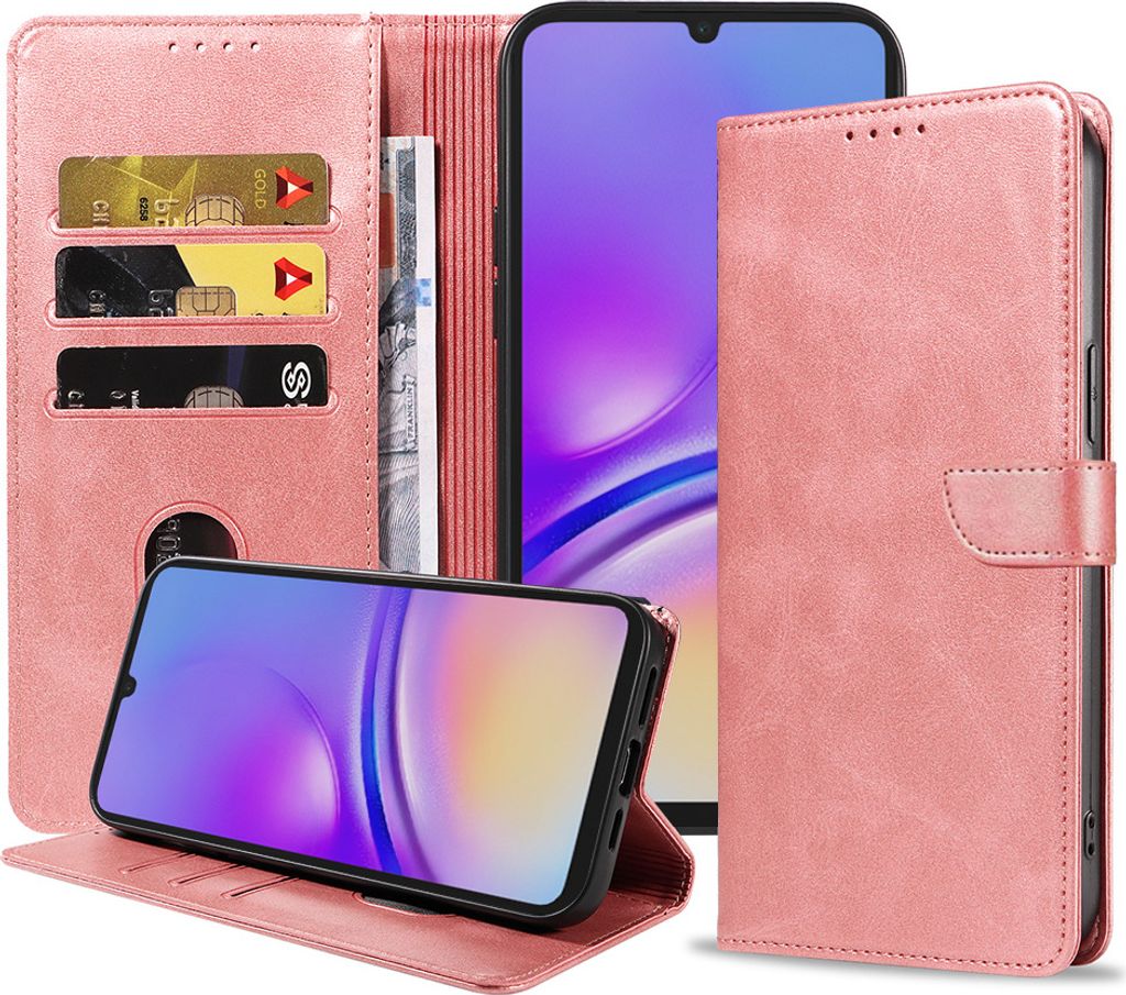 Passend für Samsung Galaxy A05 Handytasche Kunstleder mit magnetischer Lippe und Kartenhalter Buchhülle mit Klappe - Pink - Smartphonics