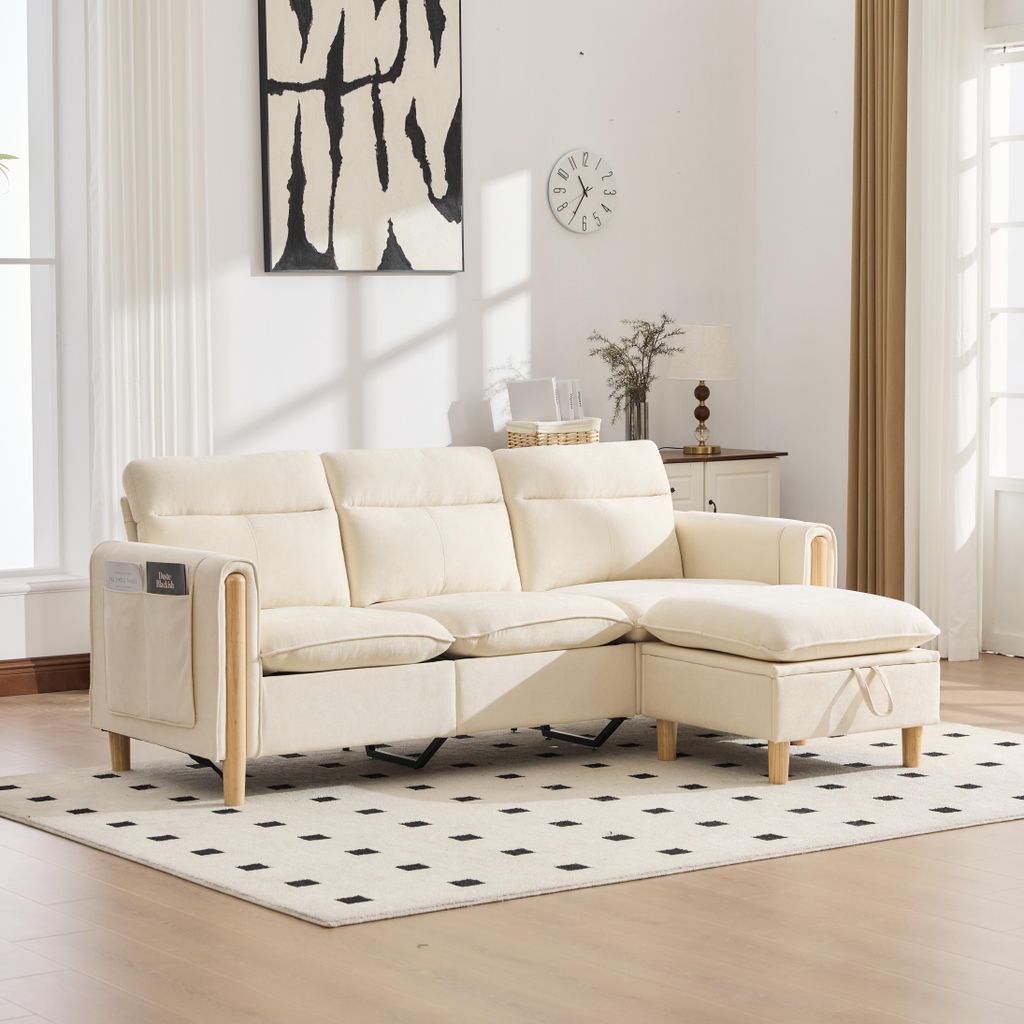 STILVORA Sofa 3-Sitzer im nordischen Stil mit Aufbewahrungshocker und Seitentaschen, L-Sofa mit Holz-Tischbeinen, Ecksofa für kleine Räume Schwar...