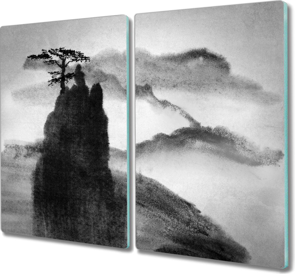 Coloray Hackbrett Herdabdeckplatte 2x30x52 cm Küchenbrett Kochplattenabdeckung Schneidebrett - Berg Baum Nebel