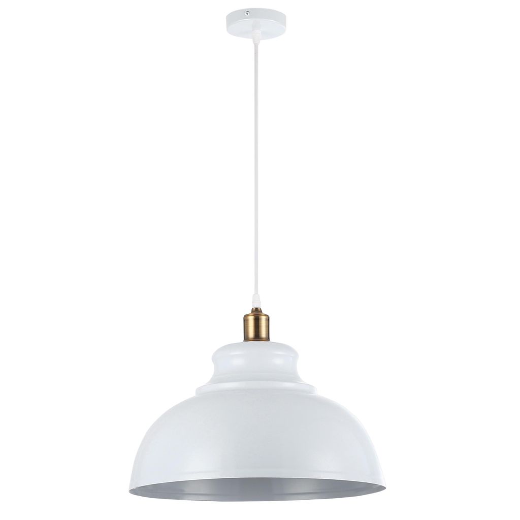 A white pendant light with a gold accent, suspended from a white cord against a white background.