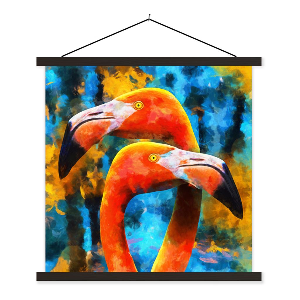 MuchoWow Textilposter Ölgemälde - Vogel - Flamingo 40x40 cm mit schwarzem Rahmen - Fotos