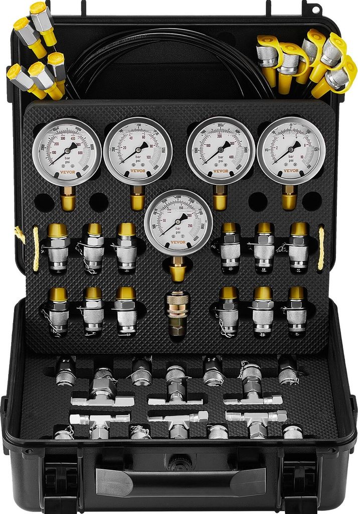 Hydraulikdruck-Testkit, 10/100/250/400/600 bar, 5 Messgeräte, 13 Kupplungen, 14 T-Anschlüsse, 5 Testschläuche, Bagger-Hydraulik-Testmanometer-Se...