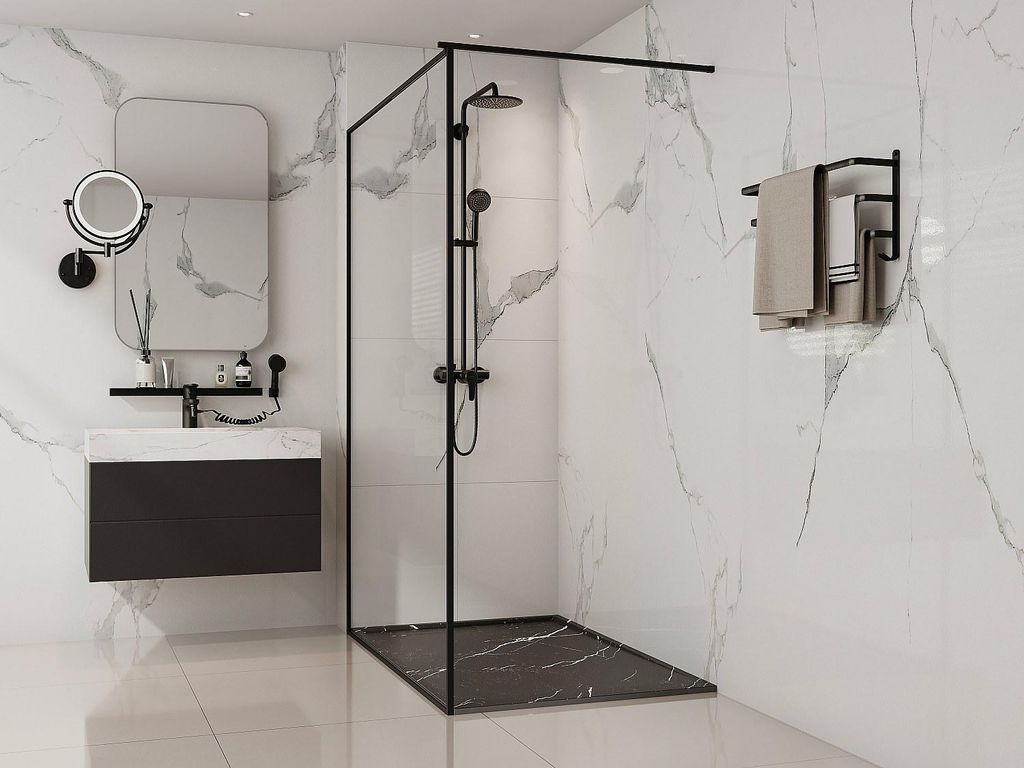 SMC - Schwarz mit Marmoreffekt - 140 x 90 cm - LYROSA - Bodenebene oder bodengleiche Duschtasse aus Kunstharz - Schwarz mit Marmoreffekt - LYROSA