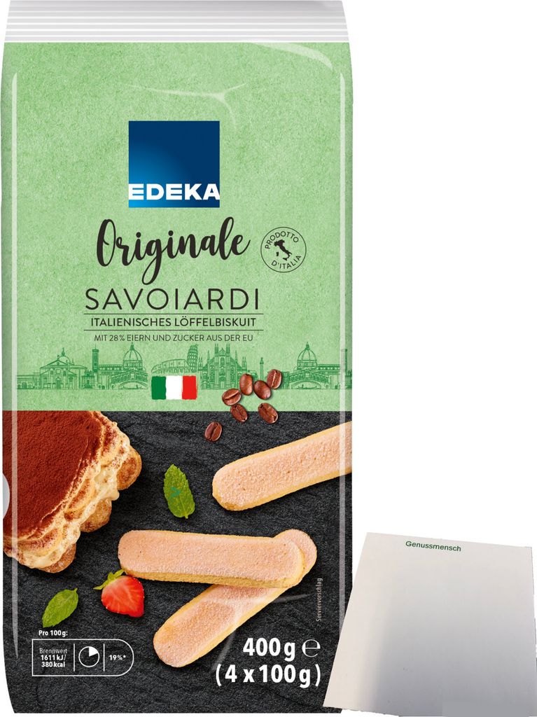 A package of Edeka Originale Savoiardi Italian Löffelbiskuit (ladyfingers) with a depiction of Tiramisu and ingredients.