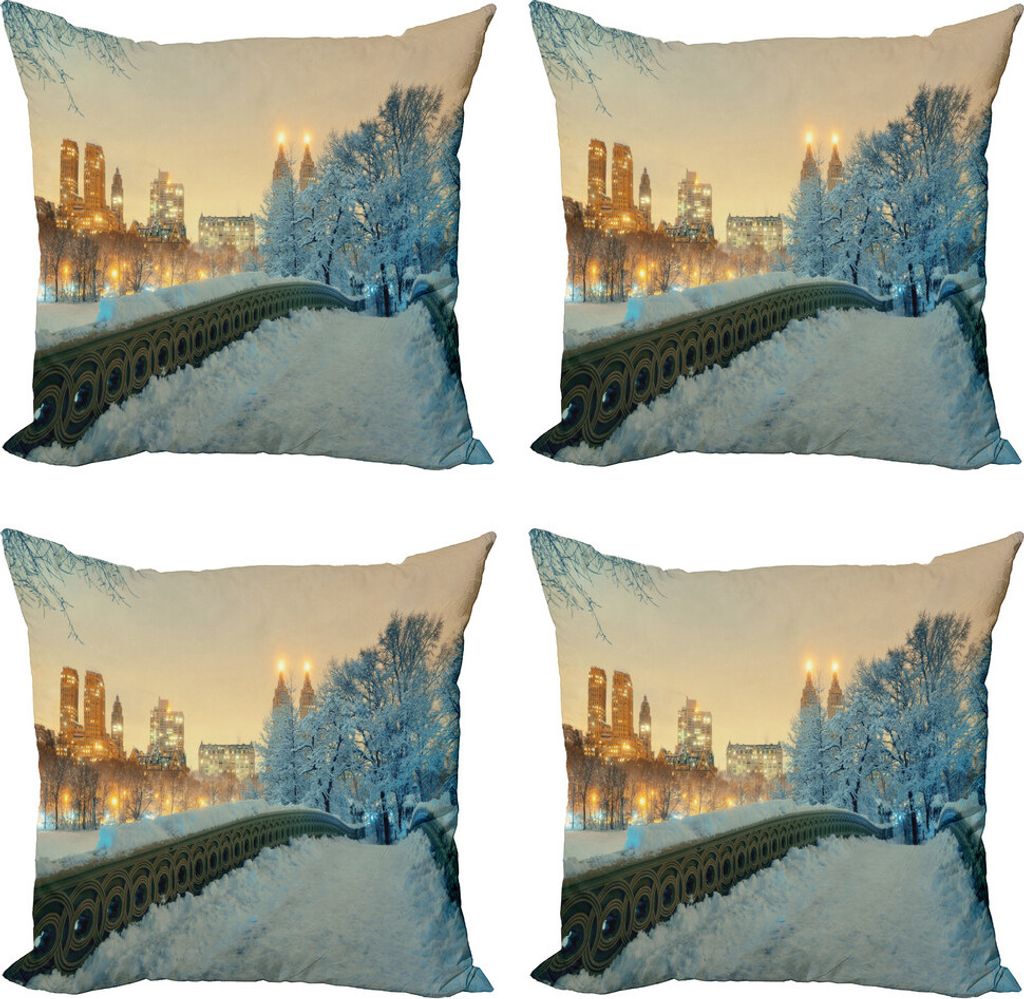 ABAKUHAUS Winter Kissenbezug Set (4 Stück), New York Central Park, Moderner Doppelseitiger Digitaldruck, 45 cm x 45 cm, Orange Weiß Olivgrün
