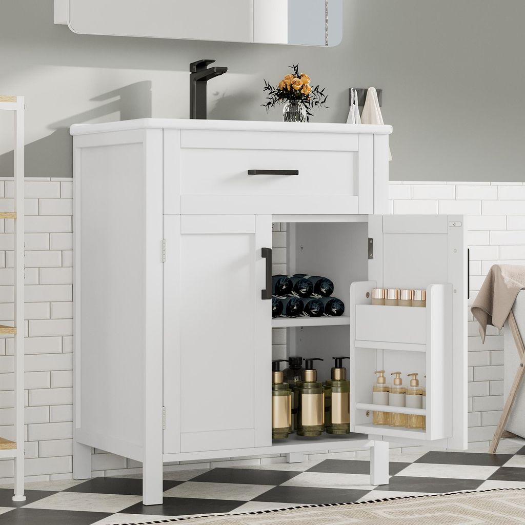 A white bathroom vanity with its doors open, showing storage for bottles and toiletries.
