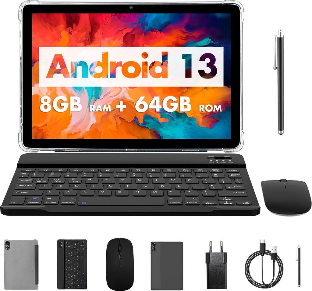 PRITOM 10 Zoll Android 13 Tablet, 8(4+4 erweiterbar)GB+64GB 1TB erweiterbar, WiFi 6, Dual-Box-Lautsprecher, BT5.0, mit Tastatur, Maus, Hülle, grau