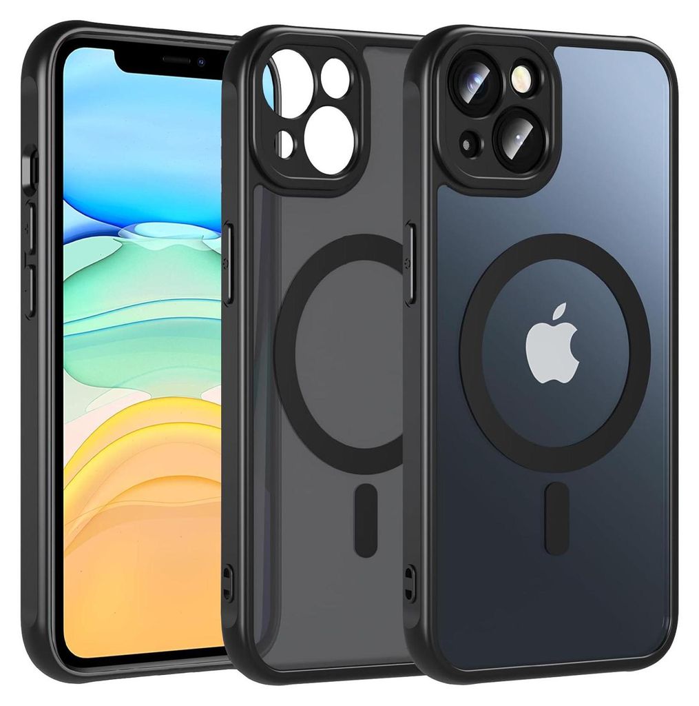 Three iPhone cases are displayed side-by-side, with the front of one case showing a phone screen.