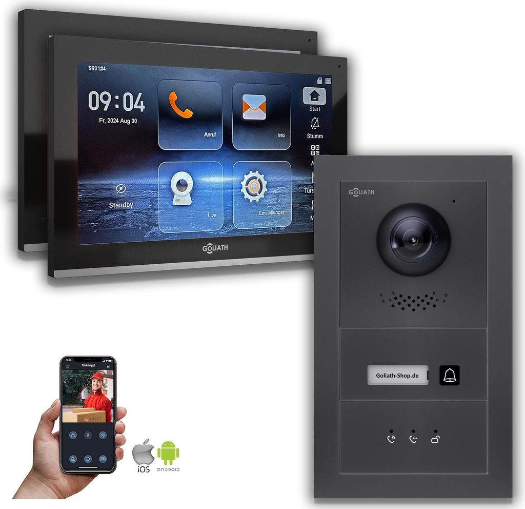 Goliath IP Video Türsprechanlage mit Kamera 10-Zoll Anthrazit : 10 Zoll in Schwarz : Aufputzdose : 2 Monitore Anzahl: 2 Monitore Farbe: 10 Zoll in...