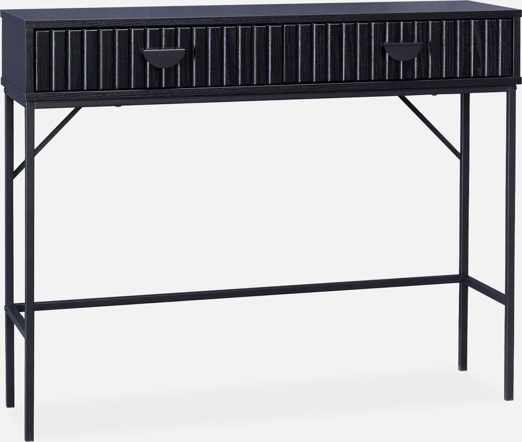 A black console table with two drawers and a ribbed wood-look front is shown against a white background.