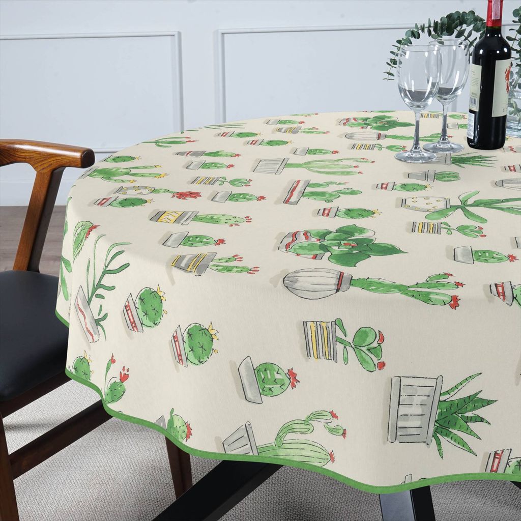 Tischdecke Kaktus aus Stoff mit Digitalprint Tischtuch EasyClean ACRYL Beschichtet Tischwäsche Digitaldruck Grün Rund 100cm mit Paspelband