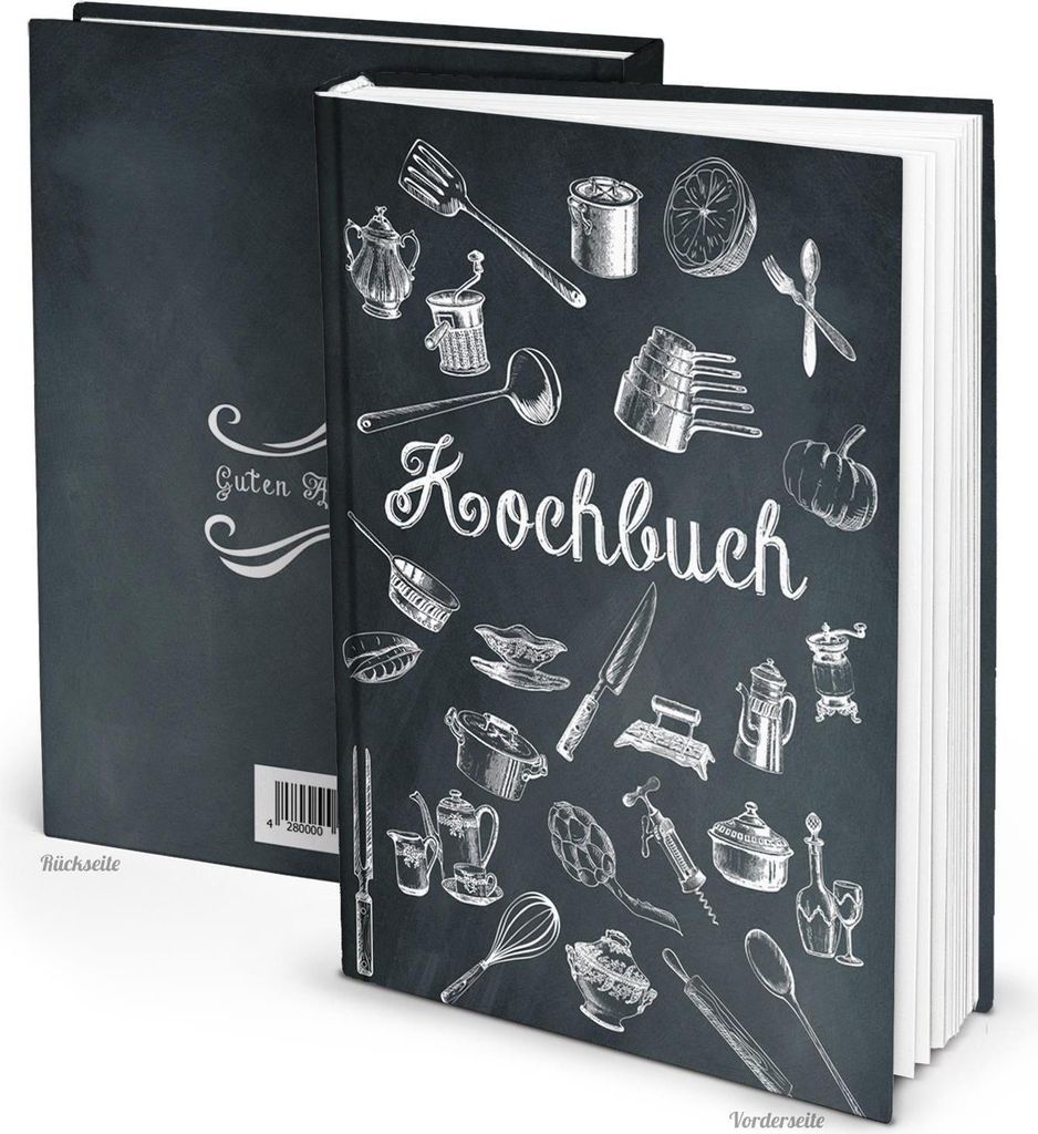 Kleines DIY Rezeptbuch mit leeren Seiten DIN A5 schwarz weiß Tafelkreide-Stil mit Metalleckenohne Metallecken