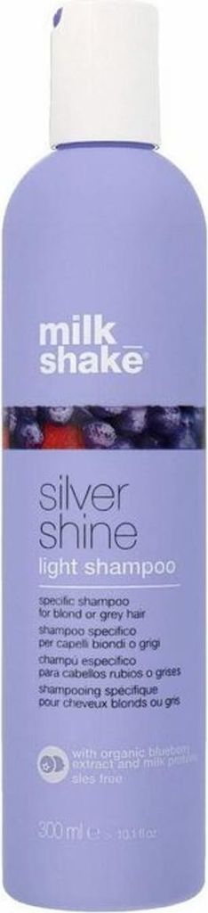 A bottle of Milk_Shake Silver Shine Light Shampoo.