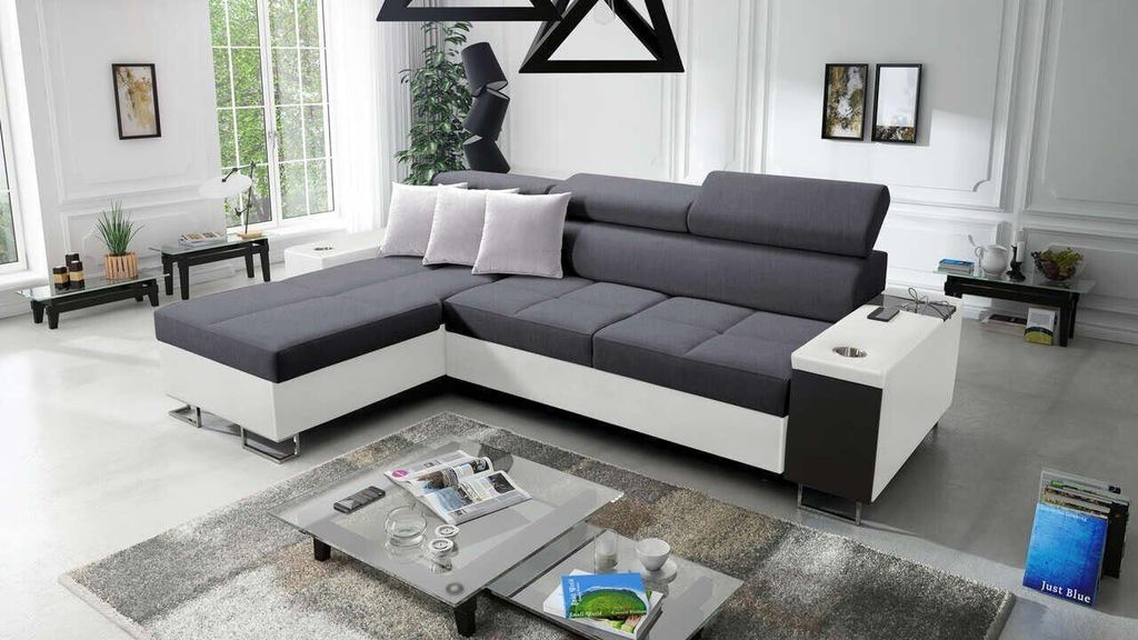 Ecksofa Anita I Maxi Luxus und Elegantes mit Schlaffunktion, Teile hat einen Öffnungsbügel, eine Steckdose und einen USB-Anschluss Sawana96+ek