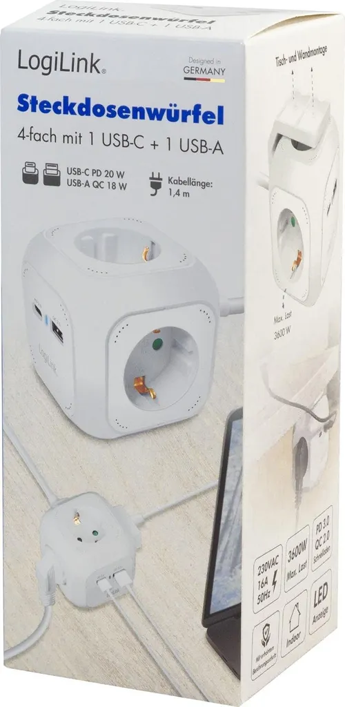 Power Cube Multiprise avec USB-A et USB-C PD 20W Charge Rapide Blanche