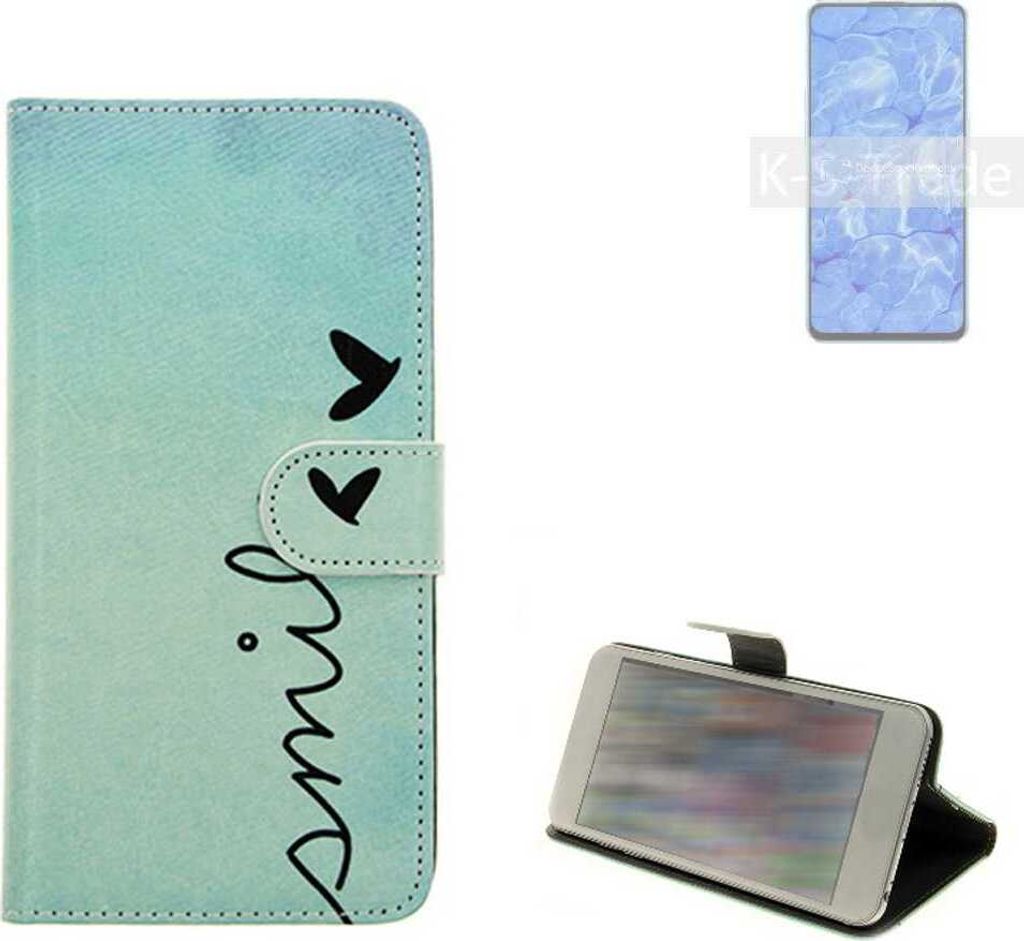 K-S-Trade Schutz Hülle Handy Hülle kompatibel mit Oppo Reno6 5G Hülle Handyhülle cover bookstyle Etui Handyhülle ''smile'' türkis Standfunktion