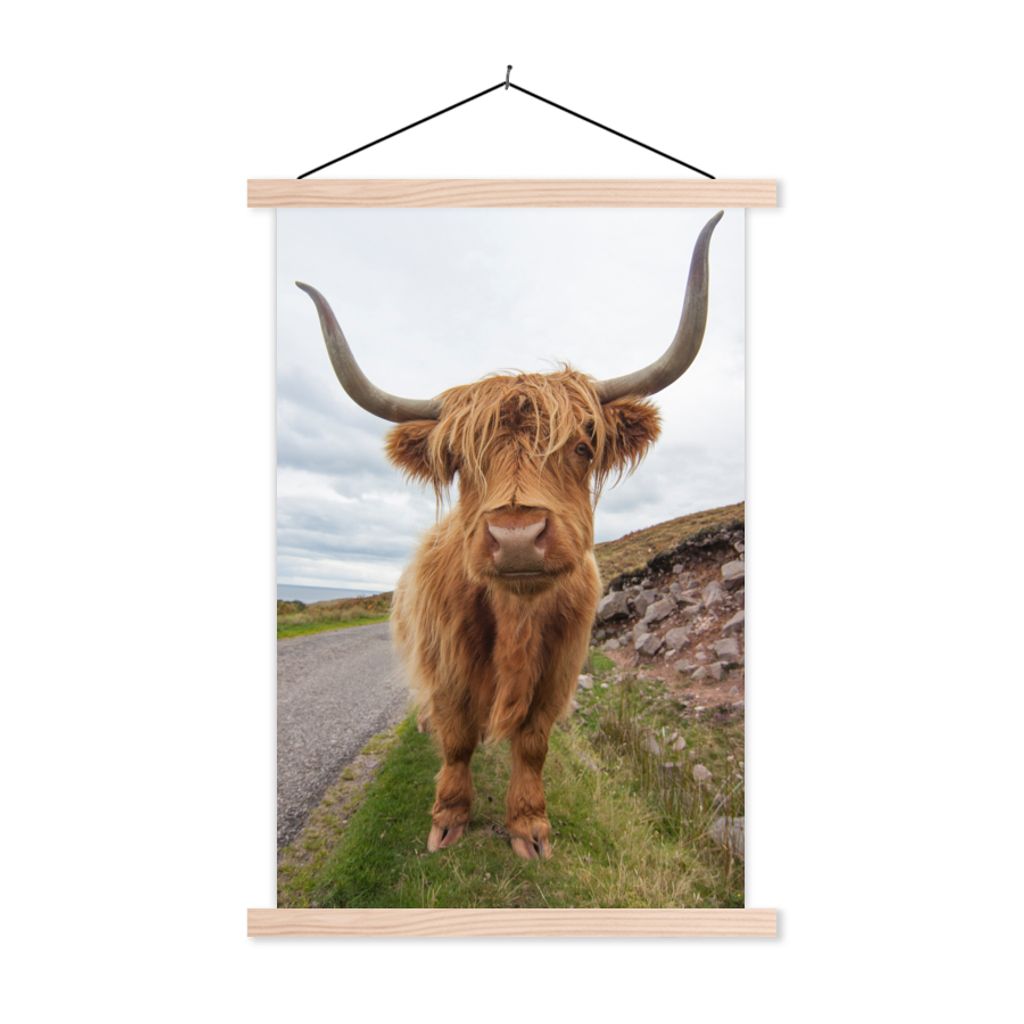 MuchoWow Textilposter Schottischer Highlander - Hörner - Berg 40x60 cm mit holzfarbenen Rahmen - Poster