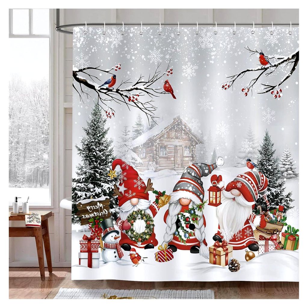 Duschvorhang Weihnachten Wichtel Xmas Weihnachtsbaum Winter 180 x 180 cm Wasserdicht Anti-Schimmel Polyester Waschbar für Badezimmer mit 12 Haken