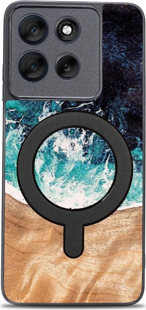 Holzhülle für Motorola Moto G86 5G, Bewood Unique Dream Island für MagSafe, Blau-Braun