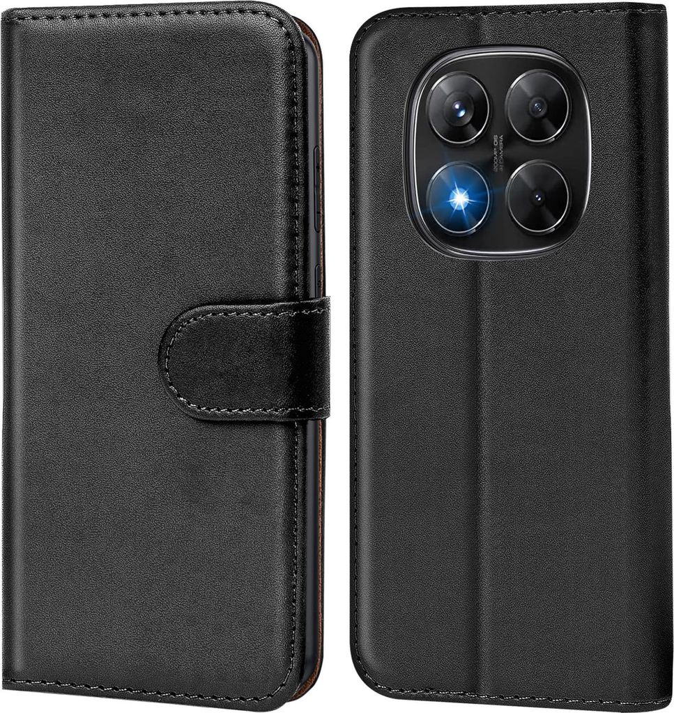 A black flip case for a smartphone, shown from the front and back.