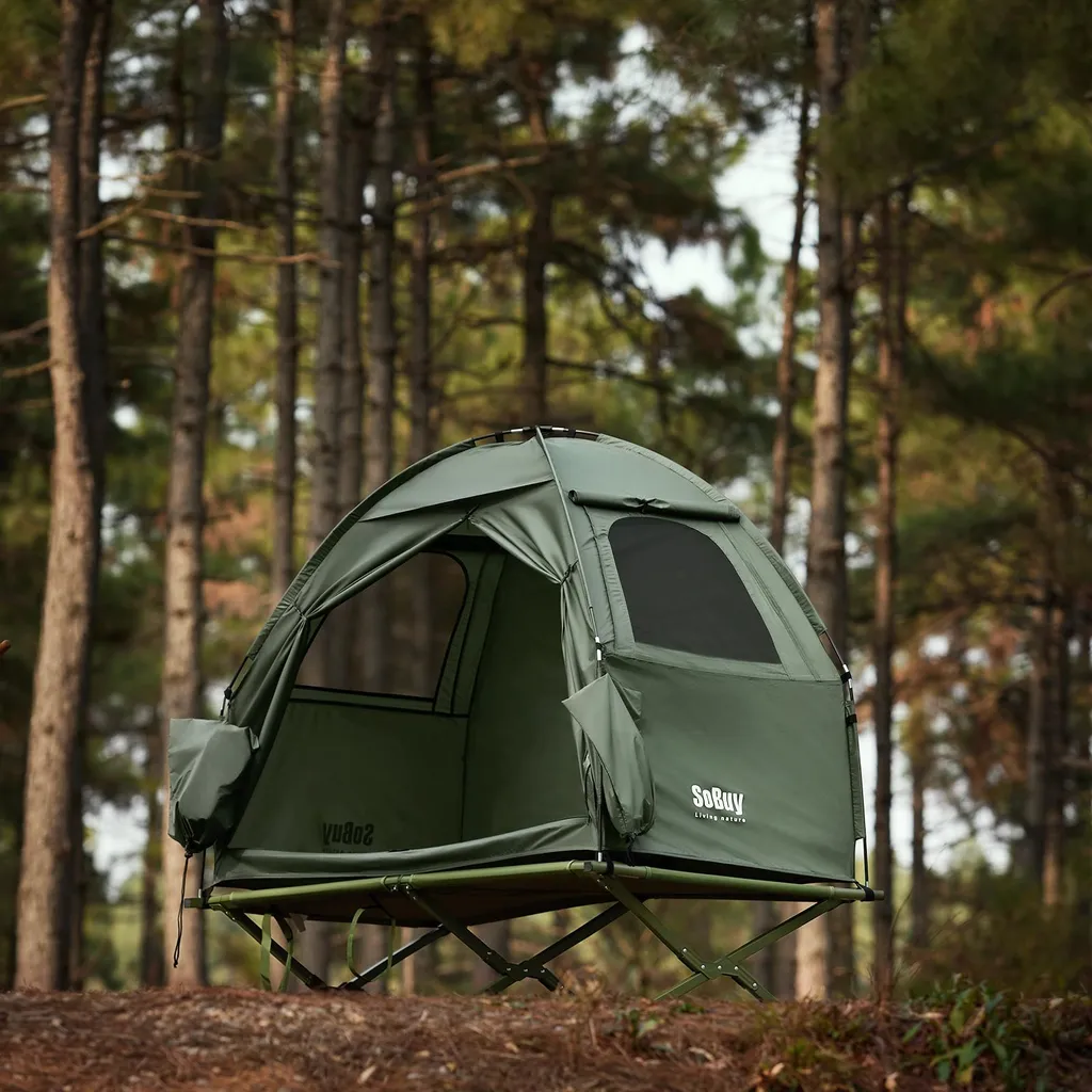 Tente Camping Pratique avec Rangement Chaussures et Crochet Lampe Vert