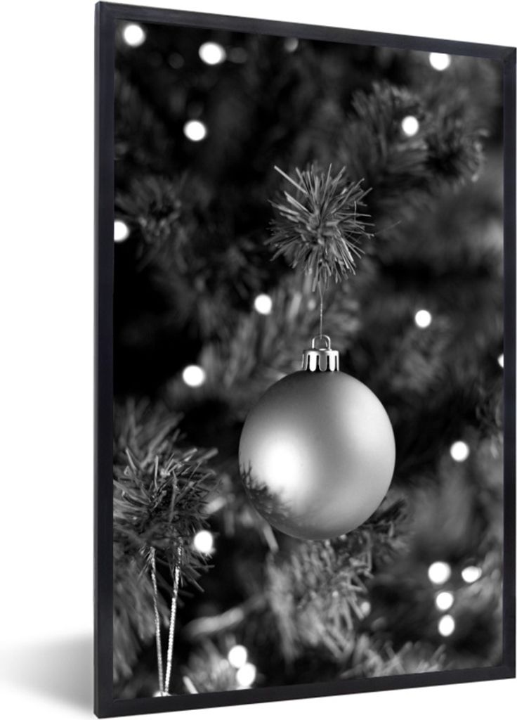 MuchoWow Gerahmtes Poster Weihnachtskugel - Weihnachtsdekoration - schwarz und weiß 40x60 cm - Poster mit Schwarzem Bilderrahmen Wandposter Rahm...