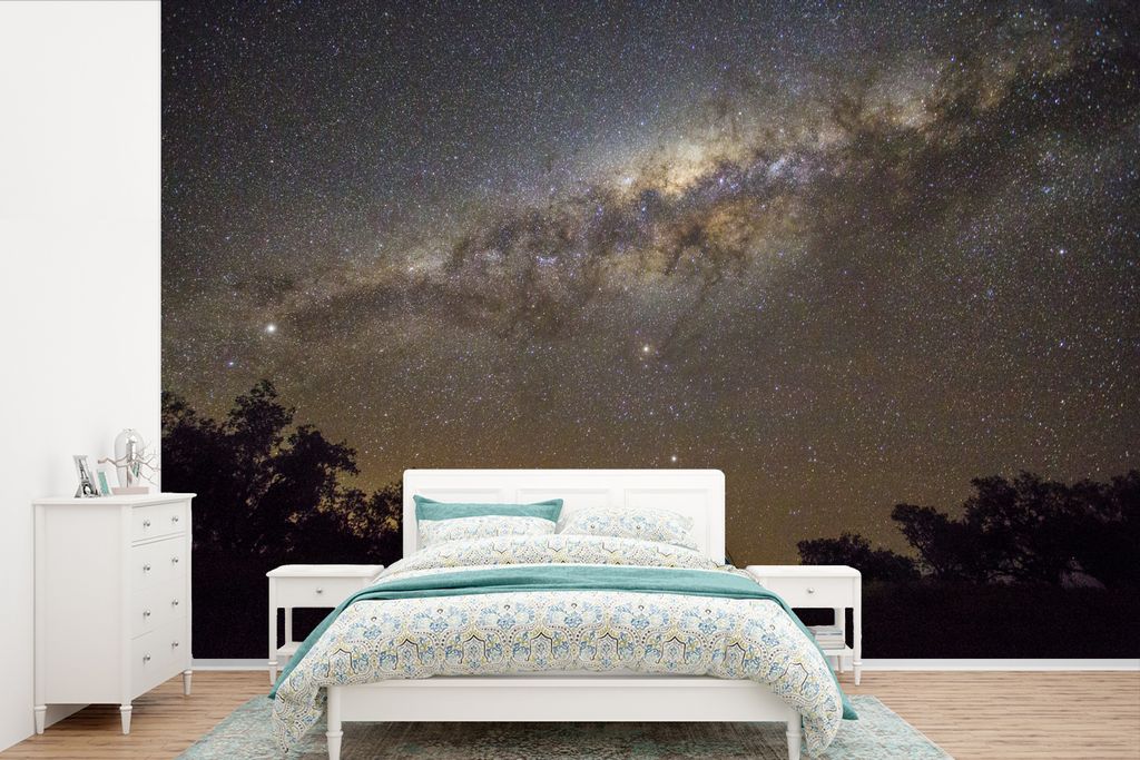 MuchoWow Fototapete für Wohnzimmer oder Schlafzimmer Wandtapete Vinyl Motivtapete Ein blaues Zelt unter einem Sternenhimmel - 420x280 cm - Zimme...