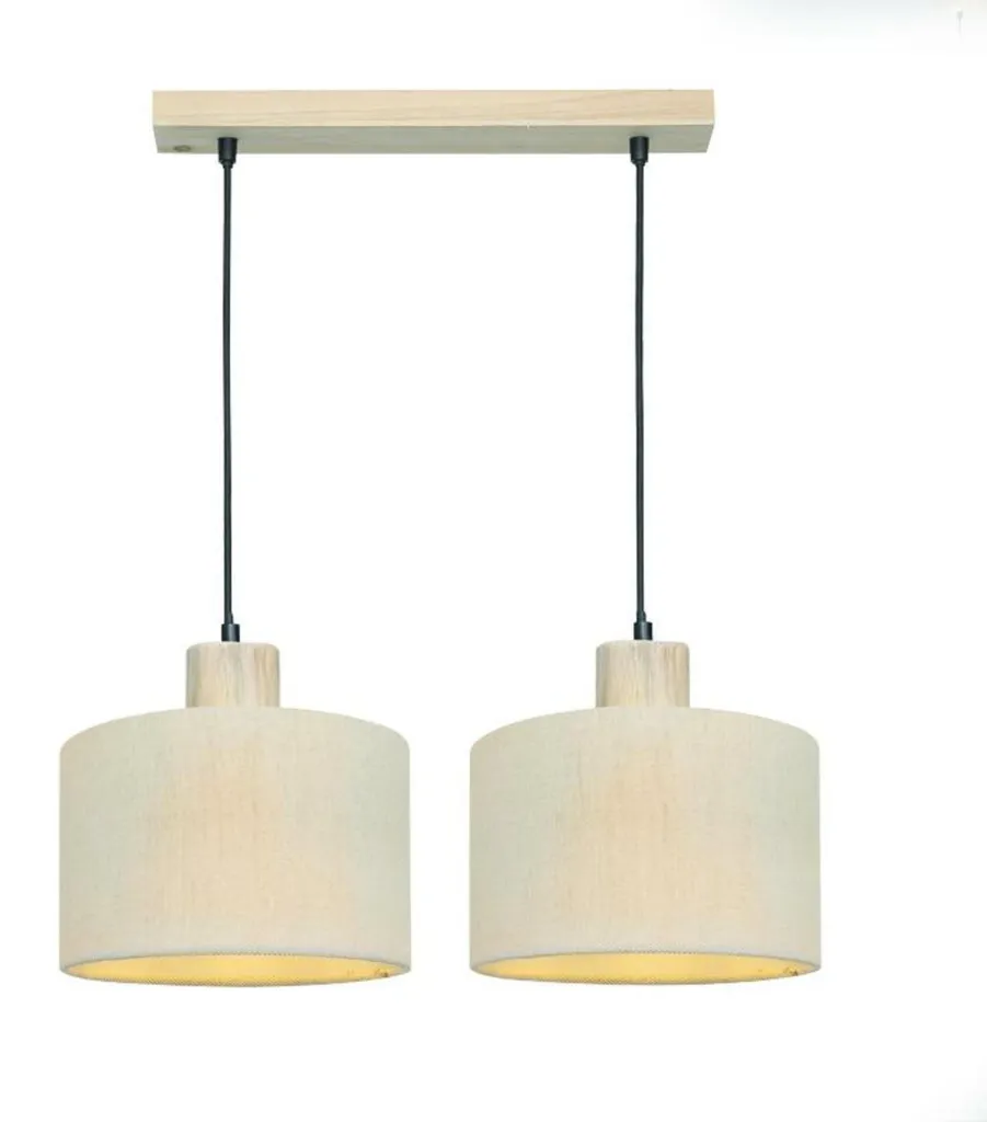 Luminaire Suspension Table à Manger Bois et Tissu - CHIOS Crème 2xE27