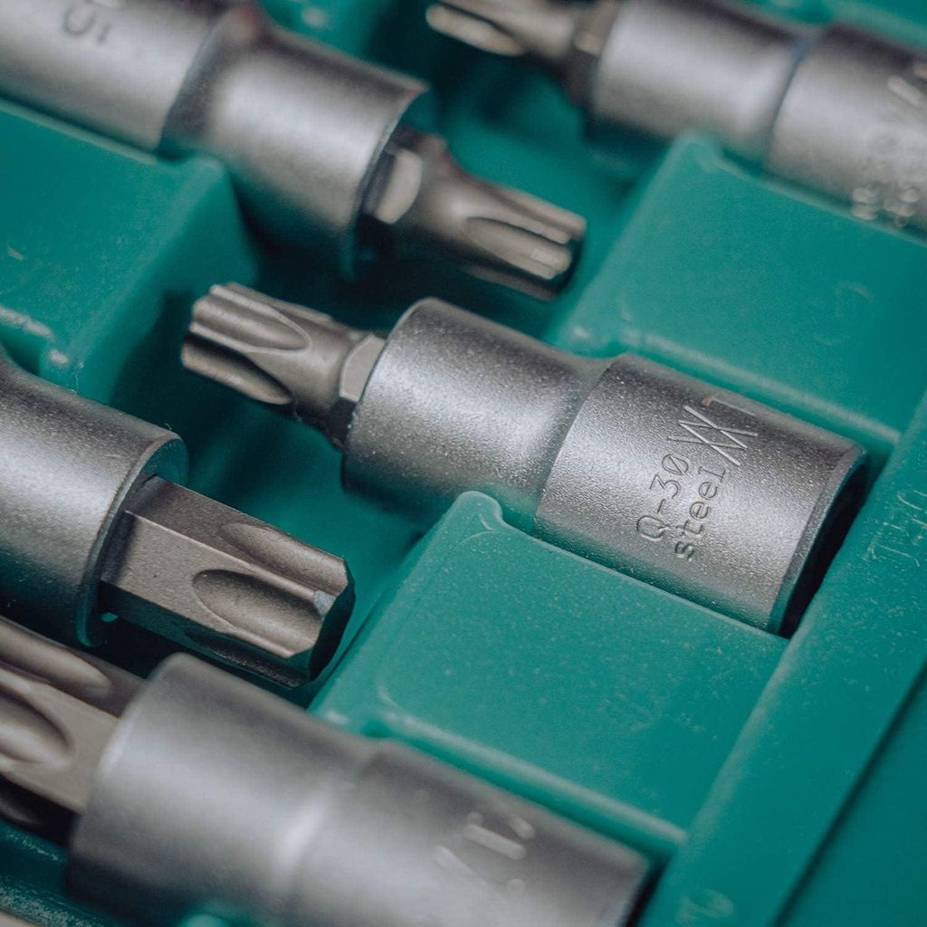 19-teilige 1/2 Zoll Steckschlüsselsatz für TORX Schrauben Chrom-Vanadium Stahl Werkzeugkoffer - Außen-Torx Innen-Torx - 80195