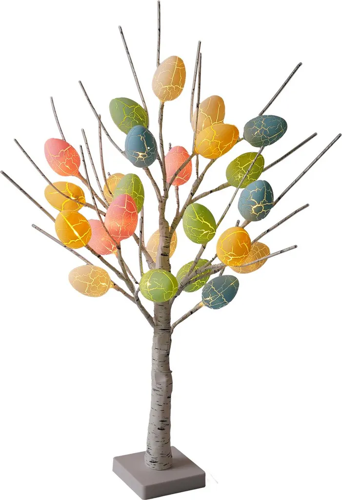 Décoration de table de Pâques : Sapin lumineux LED et œufs multicolores