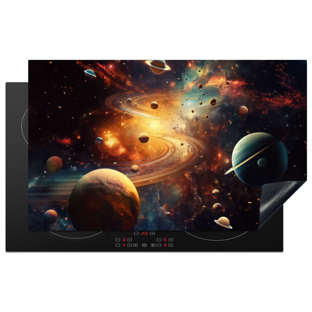 KitchenYeah Herdabdeckplatte Galaxie - Weltraum - Neon - Planeten , 83x51cm, Küche Deko, Glaskeramikkochfeld Herdabdeckung, Abdeckplatte fùr Ko...