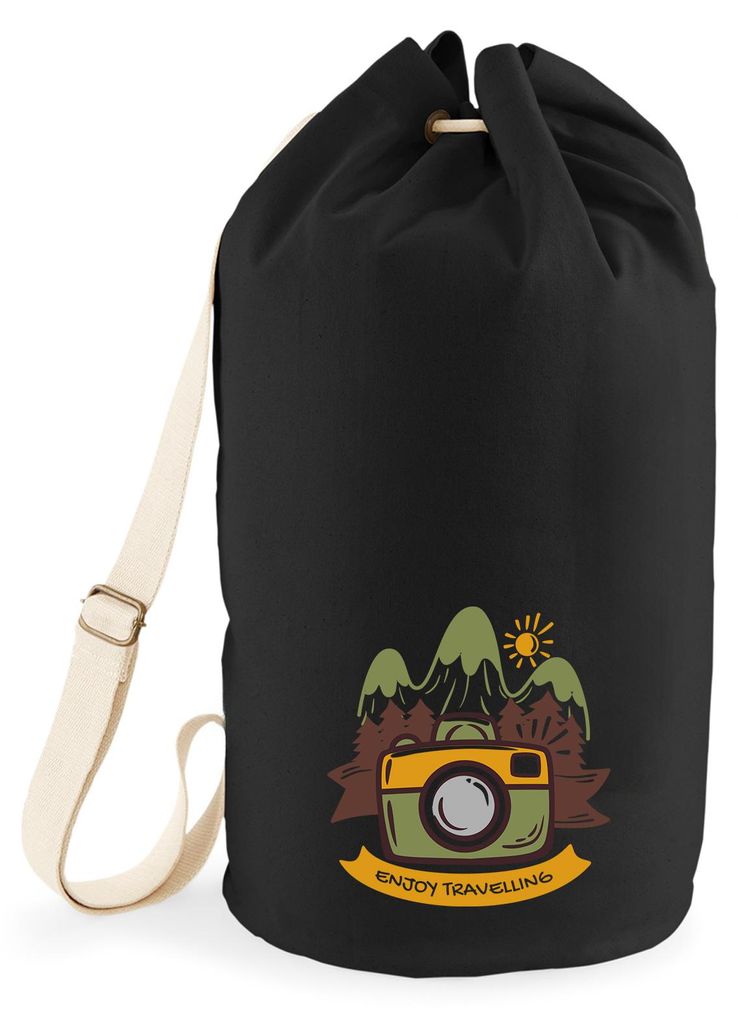 Huuraa Seesack Enjoy travelling Kamera 20 Liter Black Baumwolle Rucksack Geschenkidee
