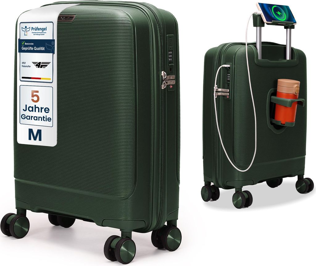 4FLY Hartschalen Handgepäck Koffer M 55×37×20 cm (35L) mit TSA Schloss, USB Anschluss und 4 Spinner Rollen, Olivgrün