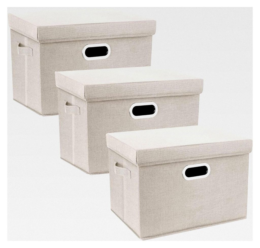 Große Aufbewahrungsbox mit Deckel, Stoff, faltbar, waschbar, 44x30x29 cm, 3 Stück, Beige