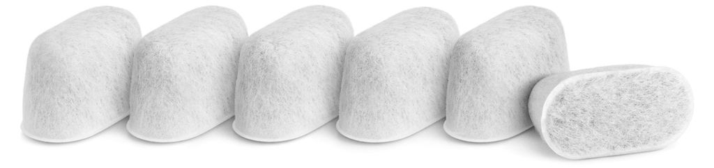 A group of six white water filters arranged in a row against a white background, with one filter slightly separated from the others.