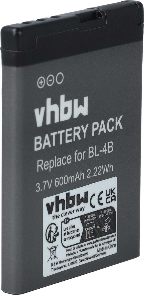 vhbw Akku Ersatz für Nokia BL-4B für Handy Smartphone Telefon (600 mAh, 3,7 V, Li-Ion)