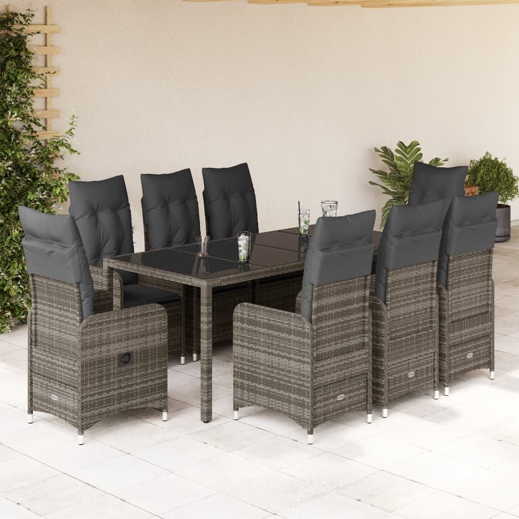 Design 9-tlg. Garten-Bistro-Set mit Kissen Grau Poly Rattan, Gartenmöbel-Sets 2024 Neu