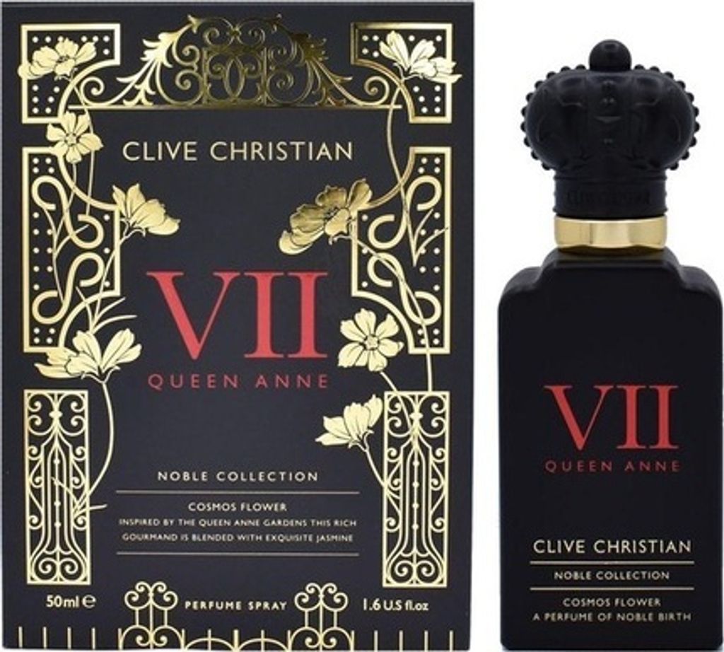 A perfume bottle and its packaging are displayed side-by-side against a black background.