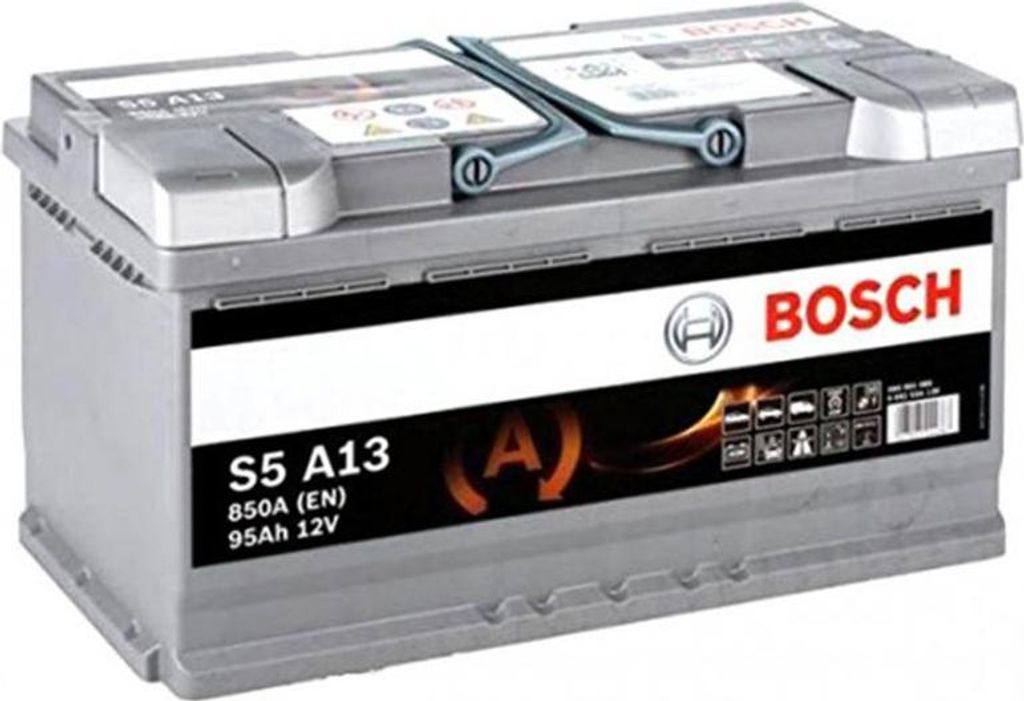 A Bosch S5 A13 car battery is shown from a slightly elevated front-side angle.