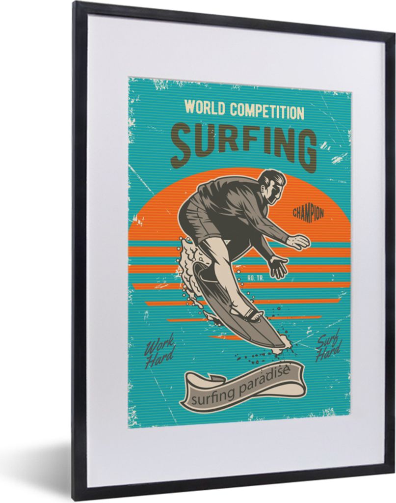 MuchoWow MuchoWow Gerahmtes Poster Vintage - Surfen - Surfbrett 30x40 cm - Poster mit zchwarzem Bilderrahmen - Wandposter Schlafzimmer