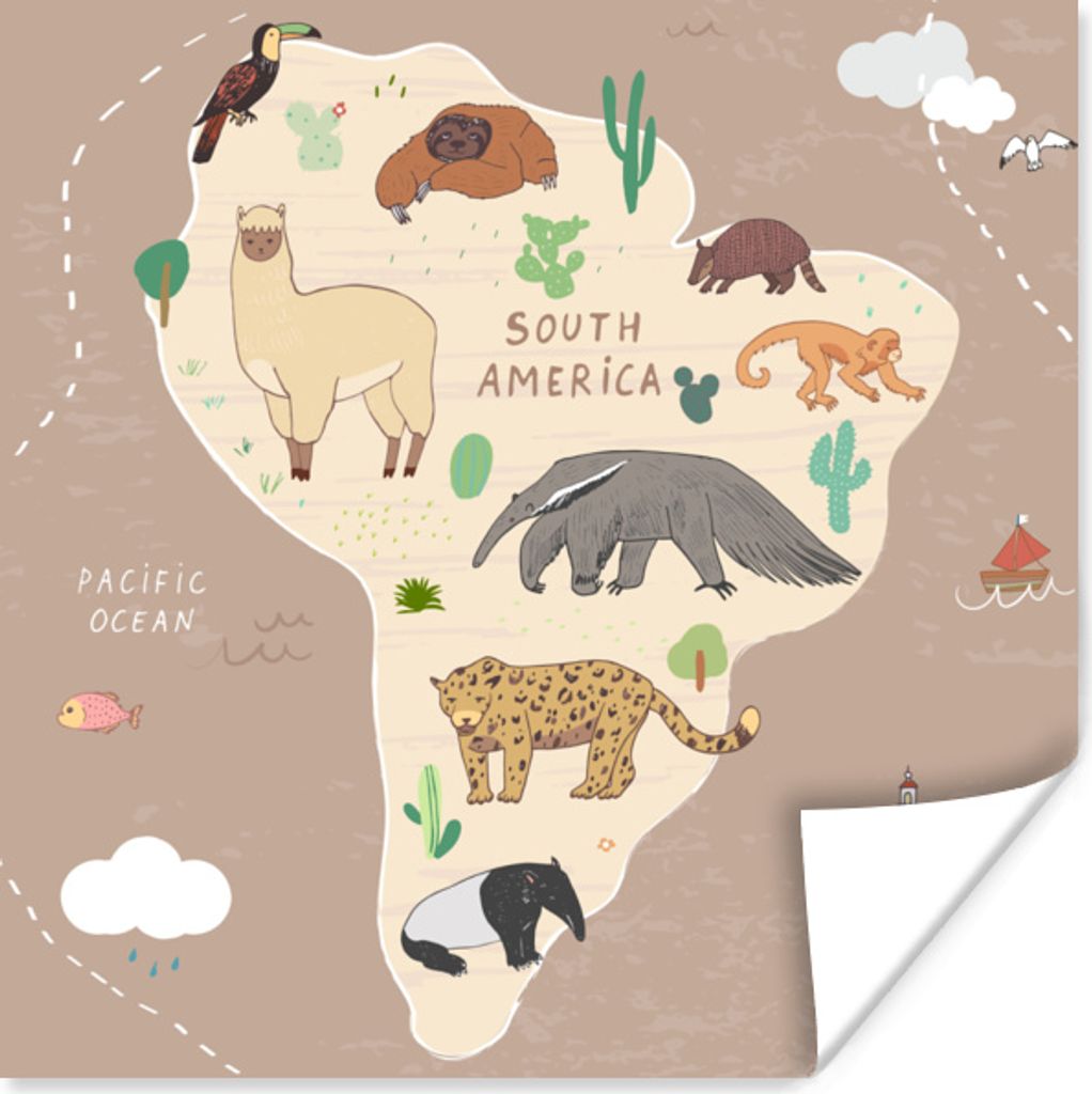 MuchoWow Poster Tiere - Weltkarte Kinder - Braun - Kinder - Jungen - Mädchen 30x30 cm - Wandposter - Printing