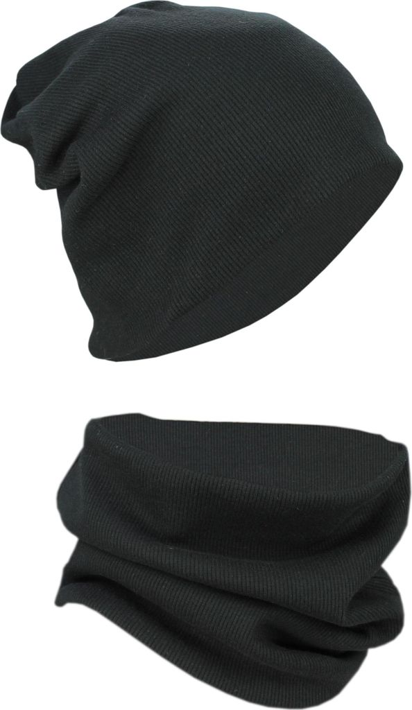 Alkato Uni Beanie Mütze und Schal Set Uni, Farbe: Rippstoff Schwarz, Größe: Einheitsgröße