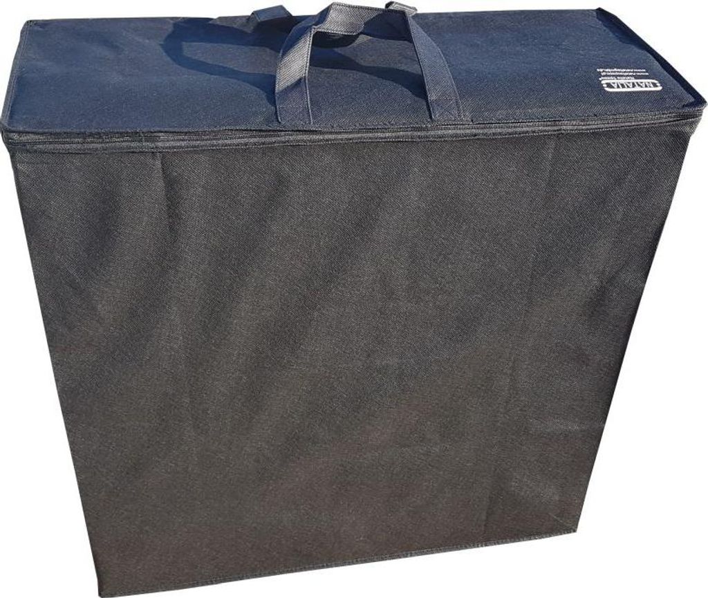 A black storage bag for a folding mattress.