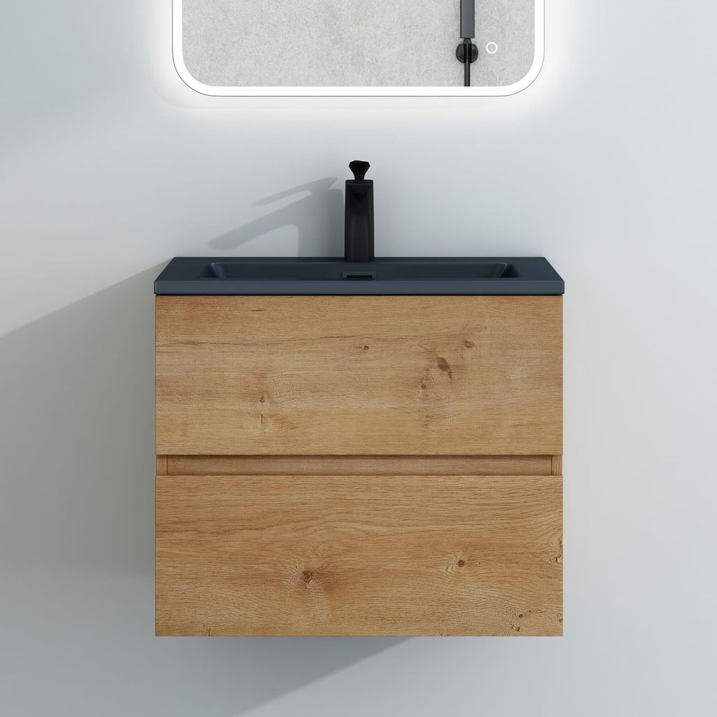 Mai & Mai Badmöbel-Set Waschtisch mit Unterschrank Mineralguss Waschbecken in Anthrazit Waschbeckenunterschrank 60x48x50cm Kerneiche 2-Schubladen ...