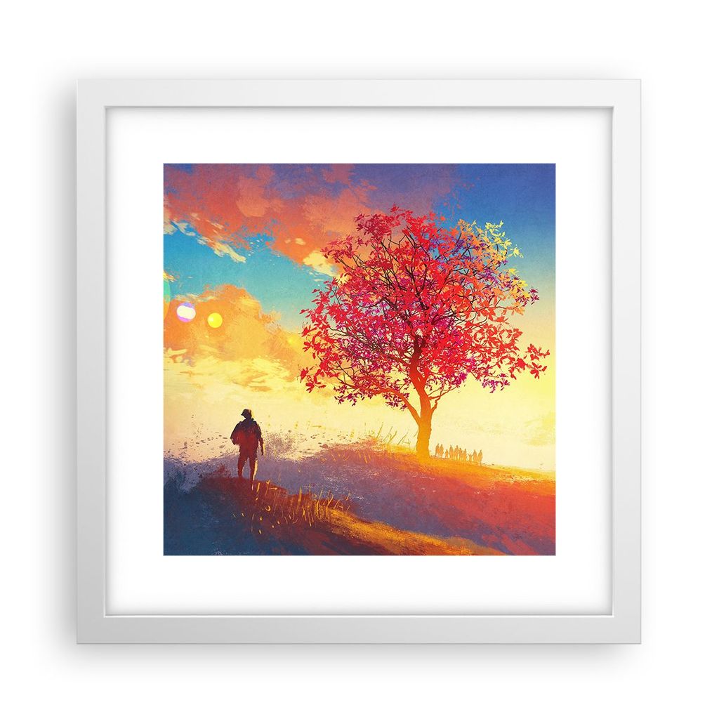 Gerahmtes Poster - Weißer Rahmen - Baum Wiese Feld - 30x30 cm - Wand Bild - Wanddeko - Wandbilder - Kunstposter - Wandposter - Bilderrahmen - Bild...