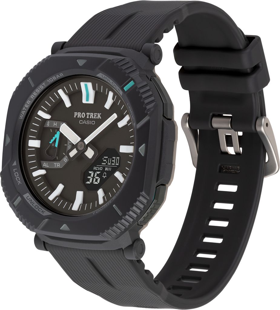 A close-up studio shot of a black Casio Pro Trek watch.