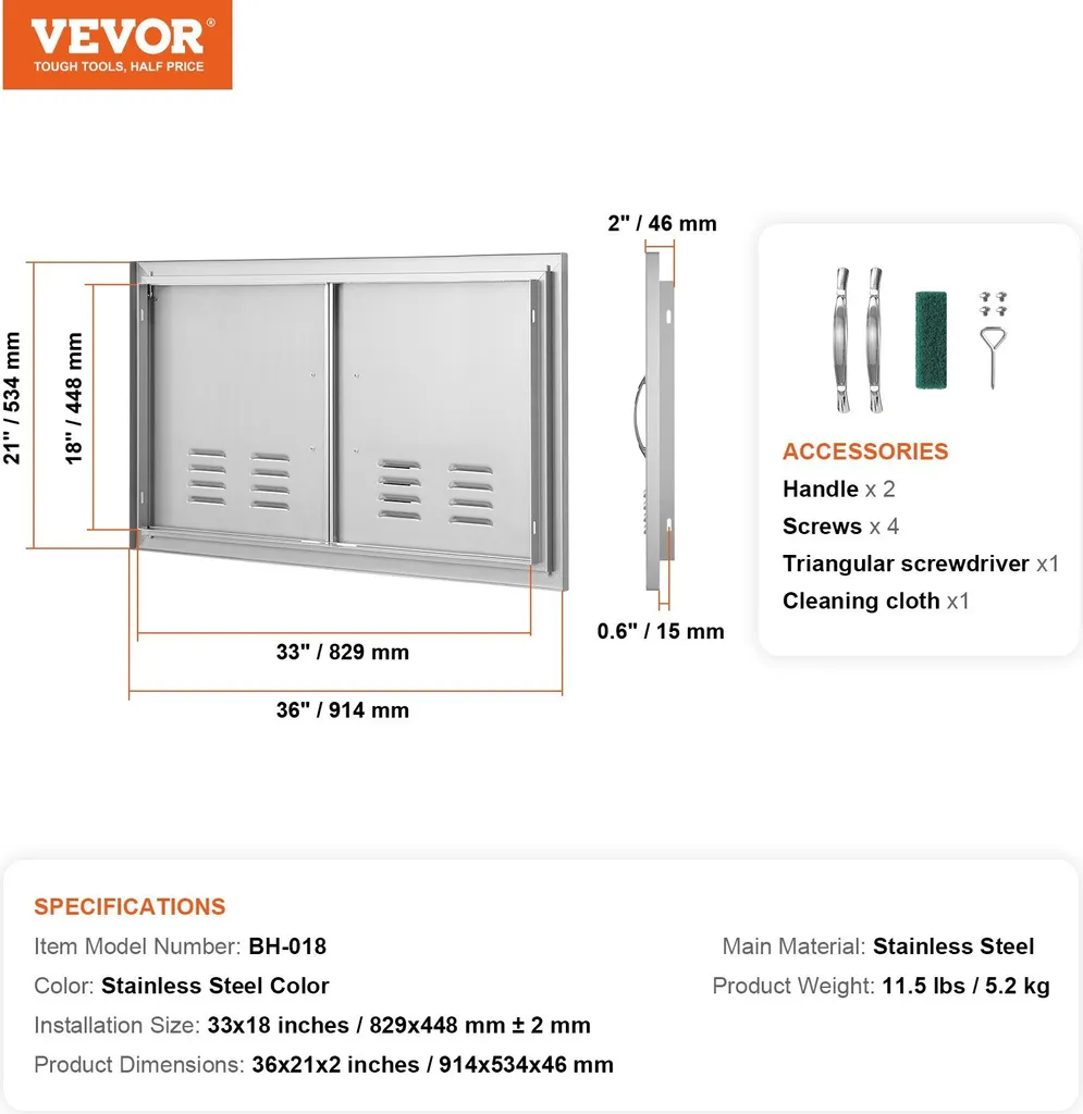 Porta di accesso al barbecue, 914 x 534 mm, Doppia porta per cucina esterna, Porta in acciaio inox a incasso, Porta verticale a parete con maniglie e fessure di ventilazione, per isola barbecue, stazione barbecue, mobile esterno - 7