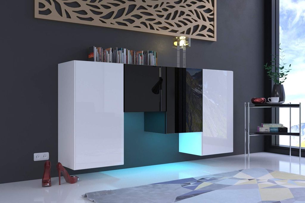 Furnitech K2 Modernes Wohnzimmer, Kommode, Schrank, Sideboard, Schlafzimmer, Esszimmer, Wohnzimmermöbel (LED RGB 16 Farben, K2-HG-BW3)