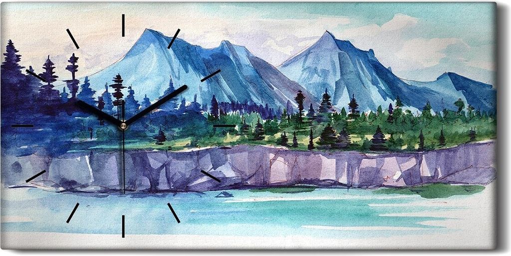 Leinwand Wanduhr Wandkunst Uhr Geräuschlos 60x30 Malerei Wald Berge Wasser - schwarze Hände