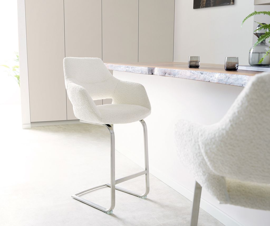 DELIFE Barstuhl Yago-Flex Bouclé Weiß Freischwinger flach Edelstahl Taschenfederkern